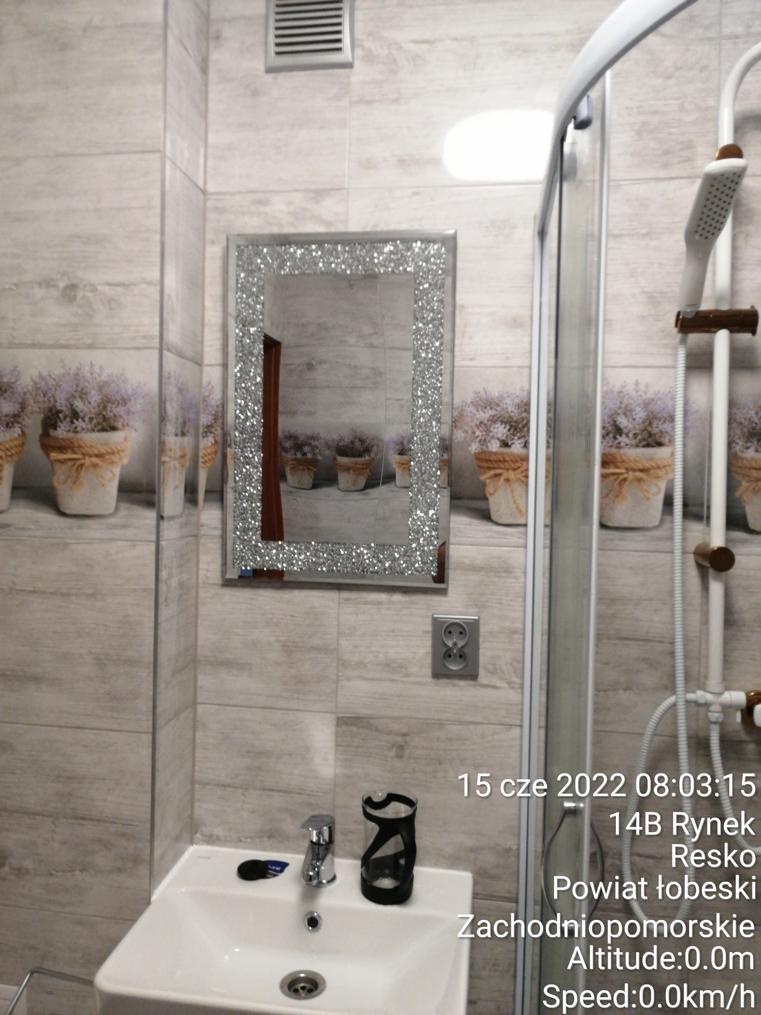 Umywalka w łazience z baterią i dozownikiem mydła, lustro z brokatową ramą odbija ścianę z motywem lawendy w doniczkach, widoczna kabina prysznicowa.