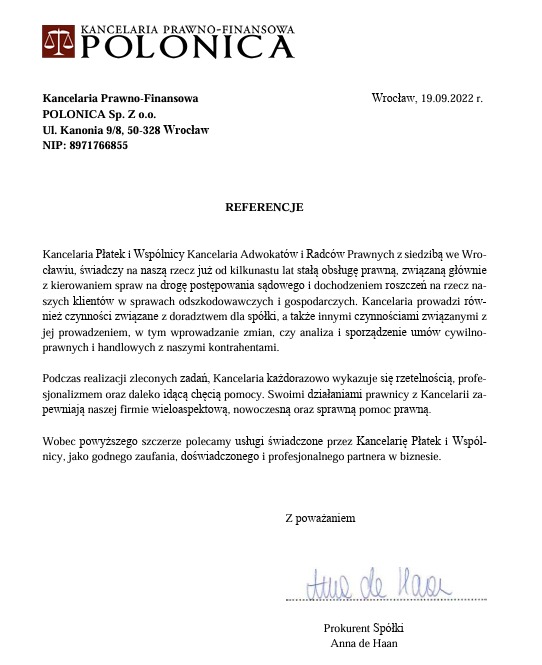 Skan dokumentu referencyjnego dla kancelarii prawno-finansowej Polonica z Wrocławia, wystawionego przez Kancelarię Płatek i Wspólnicy, potwierdzający wieloletnią obsługę prawną i profesjonalizm.