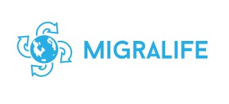 Niebieskie logo firmy Migralife z globusem otoczonym strzałkami symbolizującymi ruch.