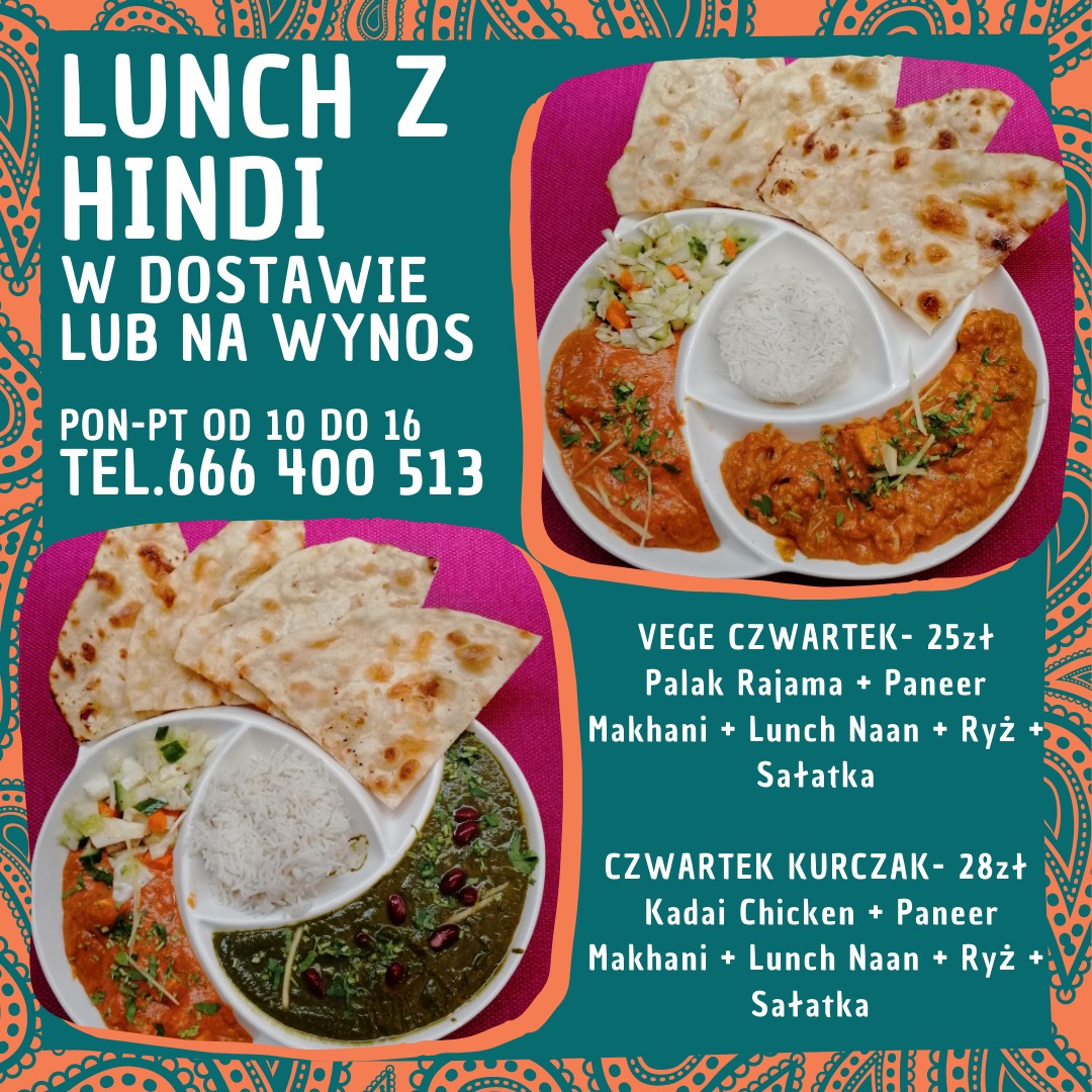 Kolorowa grafika reklamowa indyjskiego lunchu z daniami takimi jak Palak Rajama, Paneer Makhani, Lunch Naan, ryż i sałatka, oferta wegetariańska i z kurczakiem, z podanym numerem telefonu...