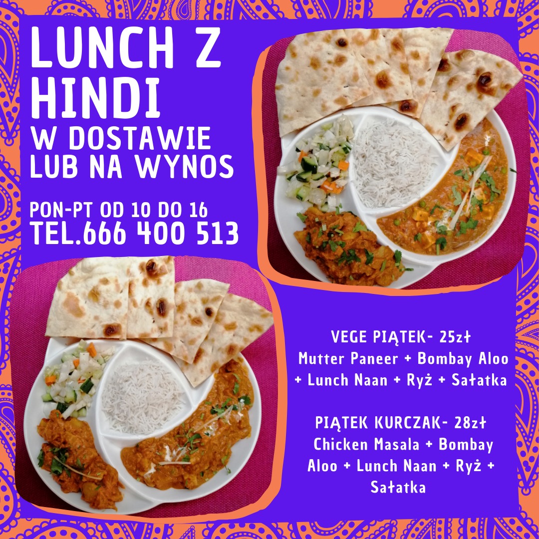 Kolorowa grafika reklamowa z ofertą lunchu kuchni indyjskiej: dania wegetariańskie i z kurczakiem w zestawie z naan, ryżem i sałatką, dostępne w dostawie lub na wynos, z podanym numerem telefonu.