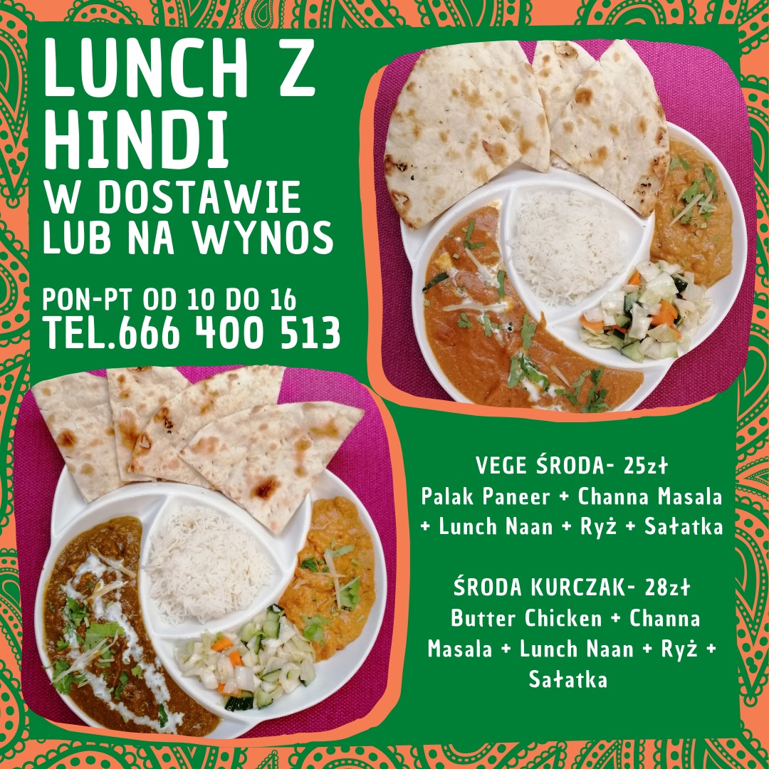 Dwa talerze z daniami kuchni indyjskiej: curry, ryż, sałatka i chlebki naan, ułożone na zielonym tle z dekoracyjnymi wzorami, obok tekstu informującego o ofercie lunchowej w dostawie.