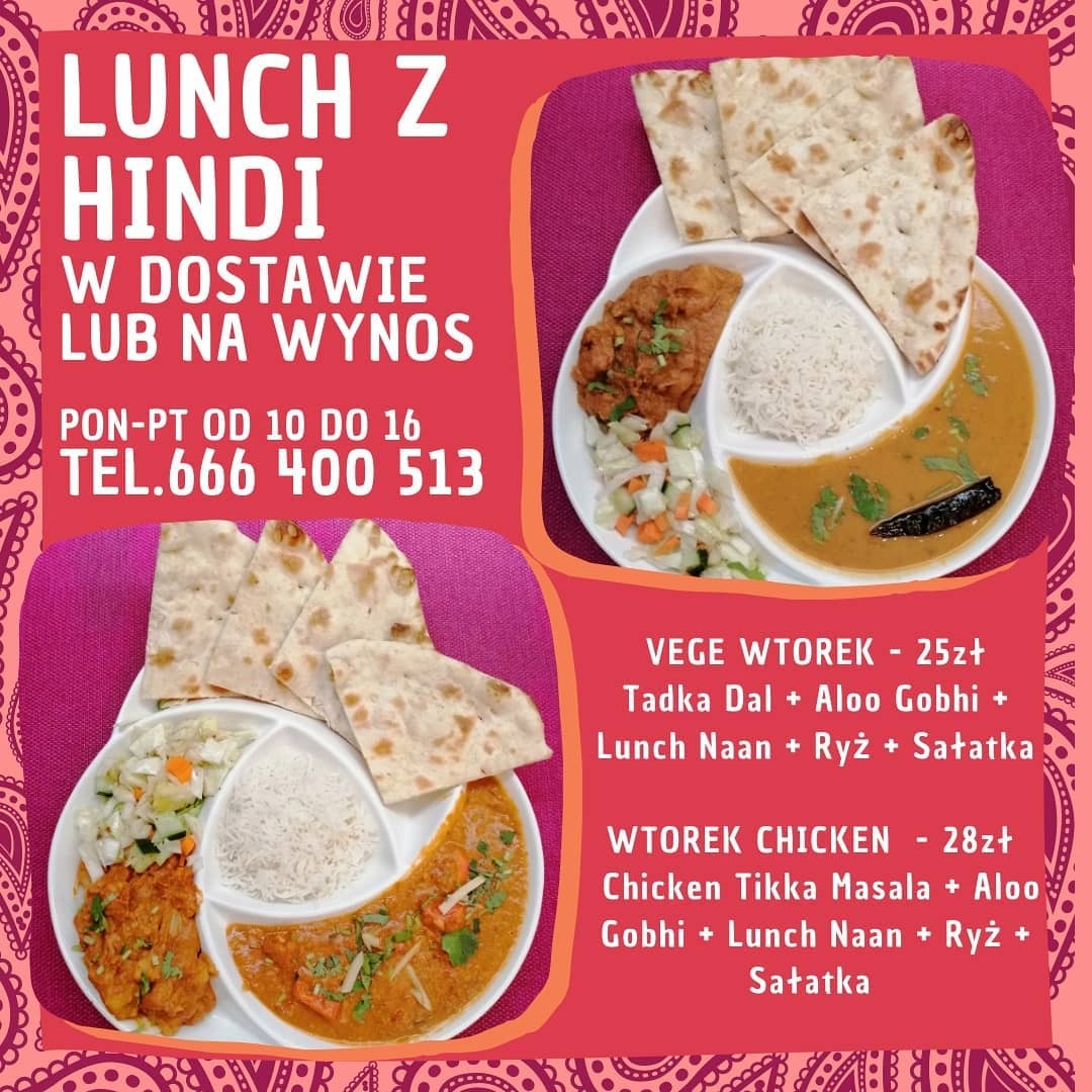 Indyjski lunch w dostawie: dwa talerze z zestawami dań, naan, ryż, sałatka, curry, godziny otwarcia i numer telefonu na dekoracyjnym tle.