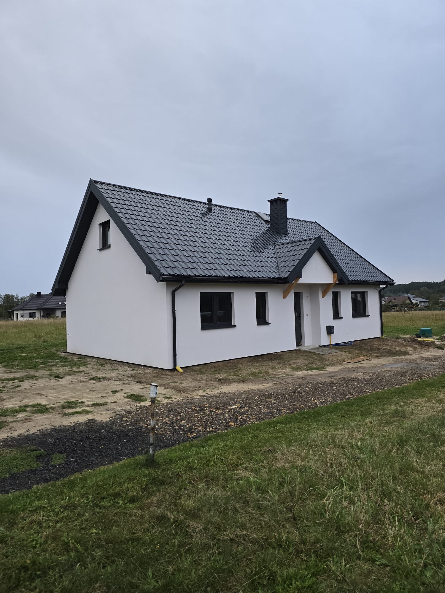 Nowoczesny, parterowy dom z białymi ścianami i ciemnym dachem z blachodachówki, widok z zewnątrz na tle pochmurnego nieba.
