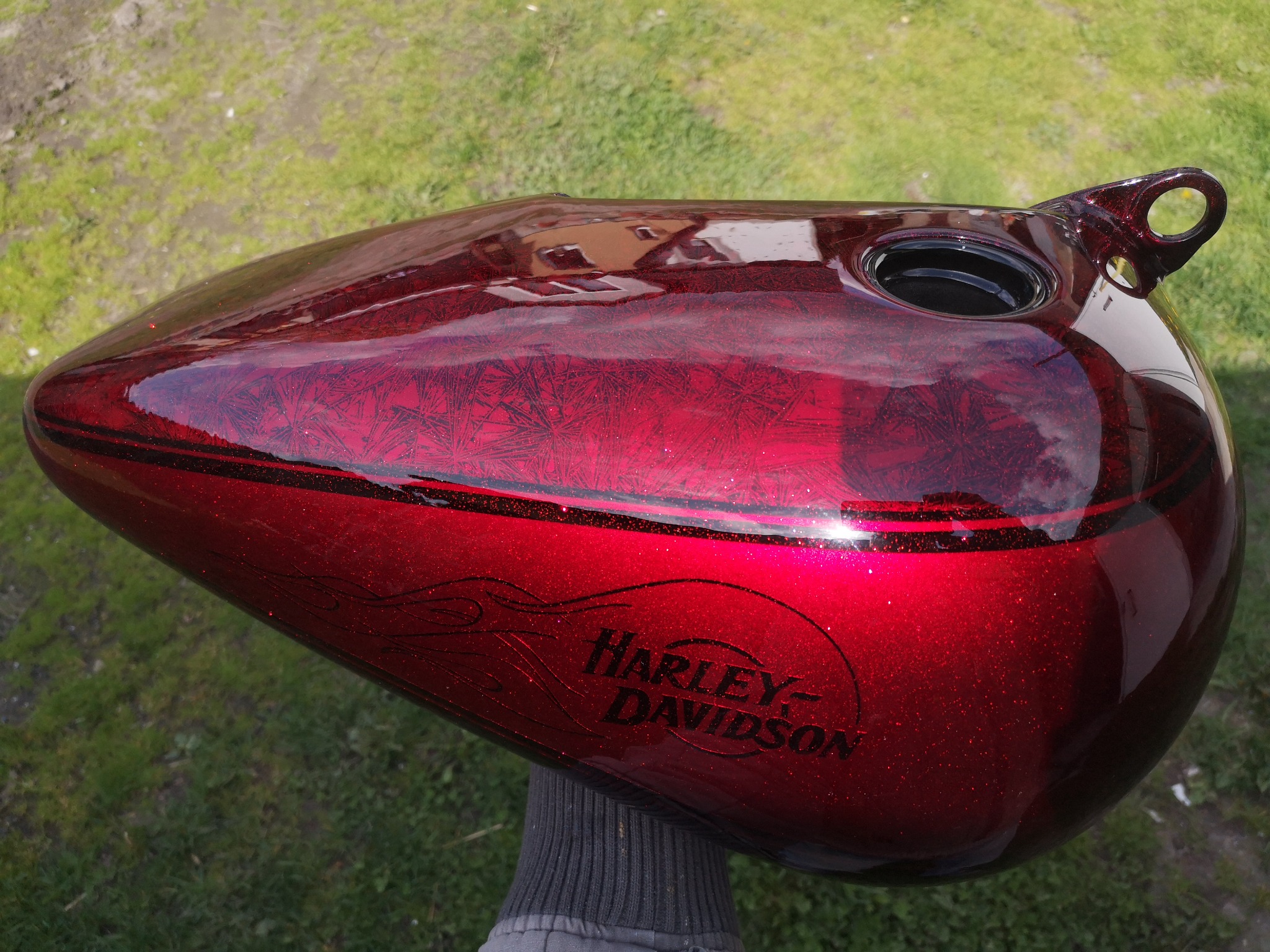 Błyszczący, czerwony zbiornik paliwa motocykla Harley-Davidson z czarnym logo i wzorem przypominającym szron, trzymany na tle trawy.