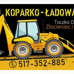 Grafika wektorowa przedstawiająca żółtą koparko-ładowarkę na czarnym tle, z napisem 'USŁUGI KOPARKO-ŁADOWARKĄ' oraz danymi kontaktowymi 'Toczko Dawid Złocieniec i okolice' i numerem telefonu...