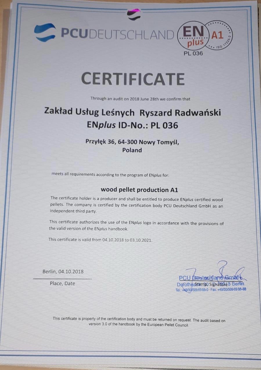 Certyfikat ENplus A1 dla Zakładu Usług Leśnych Ryszard Radwański, potwierdzający zgodność z programem dla produkcji pelletu drzewnego.