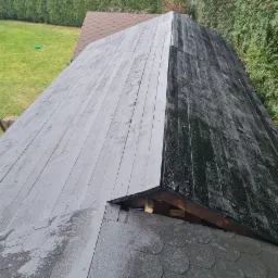 Fragment dachu po malowaniu: połowa w szarym kolorze, druga w czarnym. Widoczne deski i fragment ogrodu z zielonymi krzewami. Nietypowe ujęcie po renowacji.