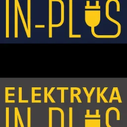 Żółte logo firmy elektrycznej 'Elektryka IN-PLUS' na dwukolorowym tle: granatowym i szarym, z symbolem wtyczki.