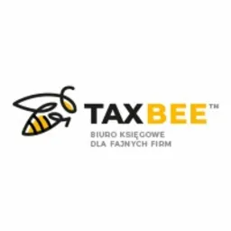 Logo firmy TAXBEE: stylizowana pszczoła w czarno-żółtej kolorystyce obok nazwy i sloganu 'BIURO KSIĘGOWE DLA FAJNYCH FIRM'.