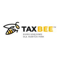 Logo firmy TAXBEE: stylizowana pszczoła w czarno-żółtej kolorystyce obok nazwy i sloganu 'BIURO KSIĘGOWE DLA FAJNYCH FIRM'.