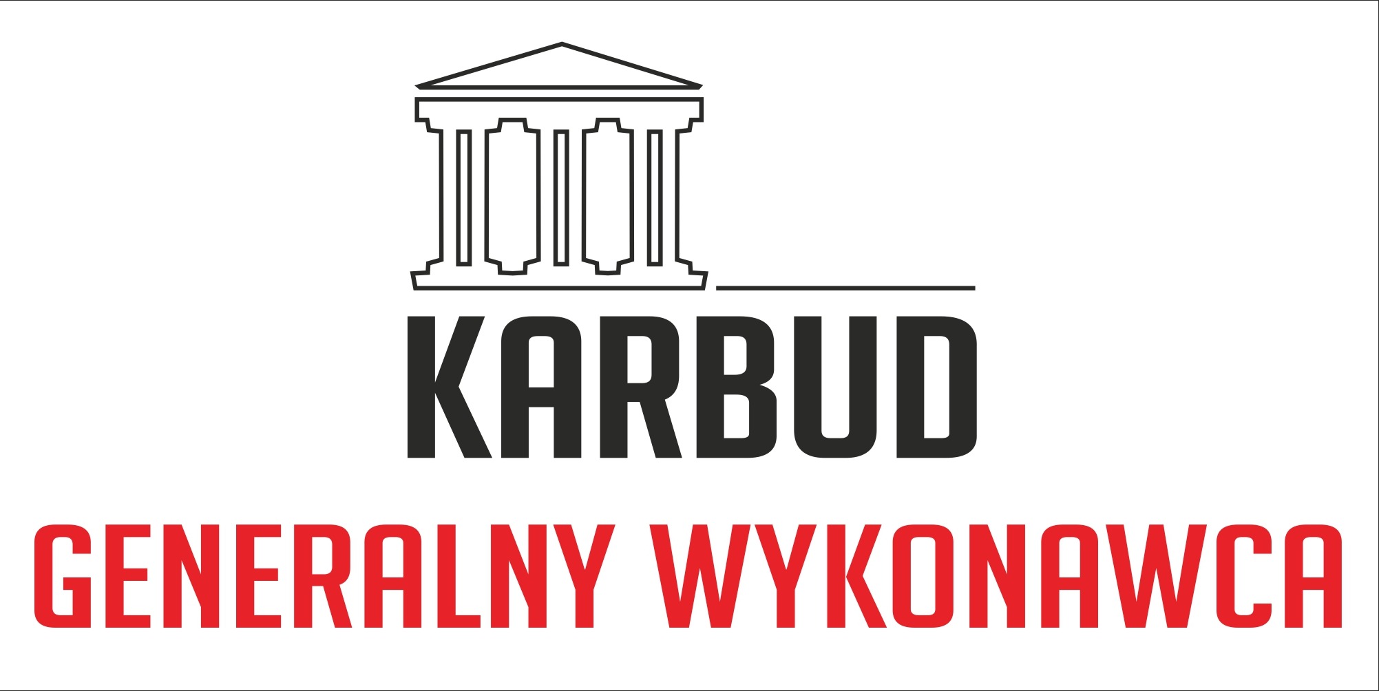 Logo firmy budowlanej KARBUD, z graficznym symbolem budynku z kolumnami i napisem 'GENERALNY WYKONAWCA' w kolorze czerwonym.