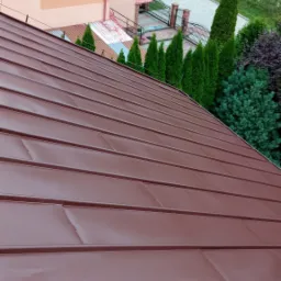 Brązowy blaszany dach z widocznymi łączeniami, w tle budynek z balkonem, rząd zielonych tuj oraz niebieski samochód na podjeździe.