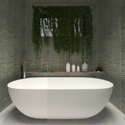 Nowoczesna łazienka z wolnostojącą wanną, zieloną mozaiką na ścianach, drewnianą półką z kosmetykami i wiszącą roślinnością nad oknem.