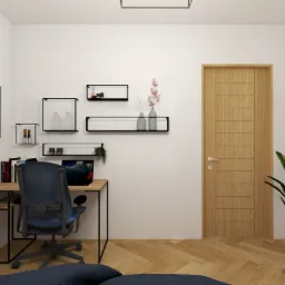 Wizualizacja pokoju z biurkiem, krzesłem biurowym, półkami ściennymi z dekoracjami, mapą świata w ramie i rośliną doniczkową w nowoczesnym stylu.
