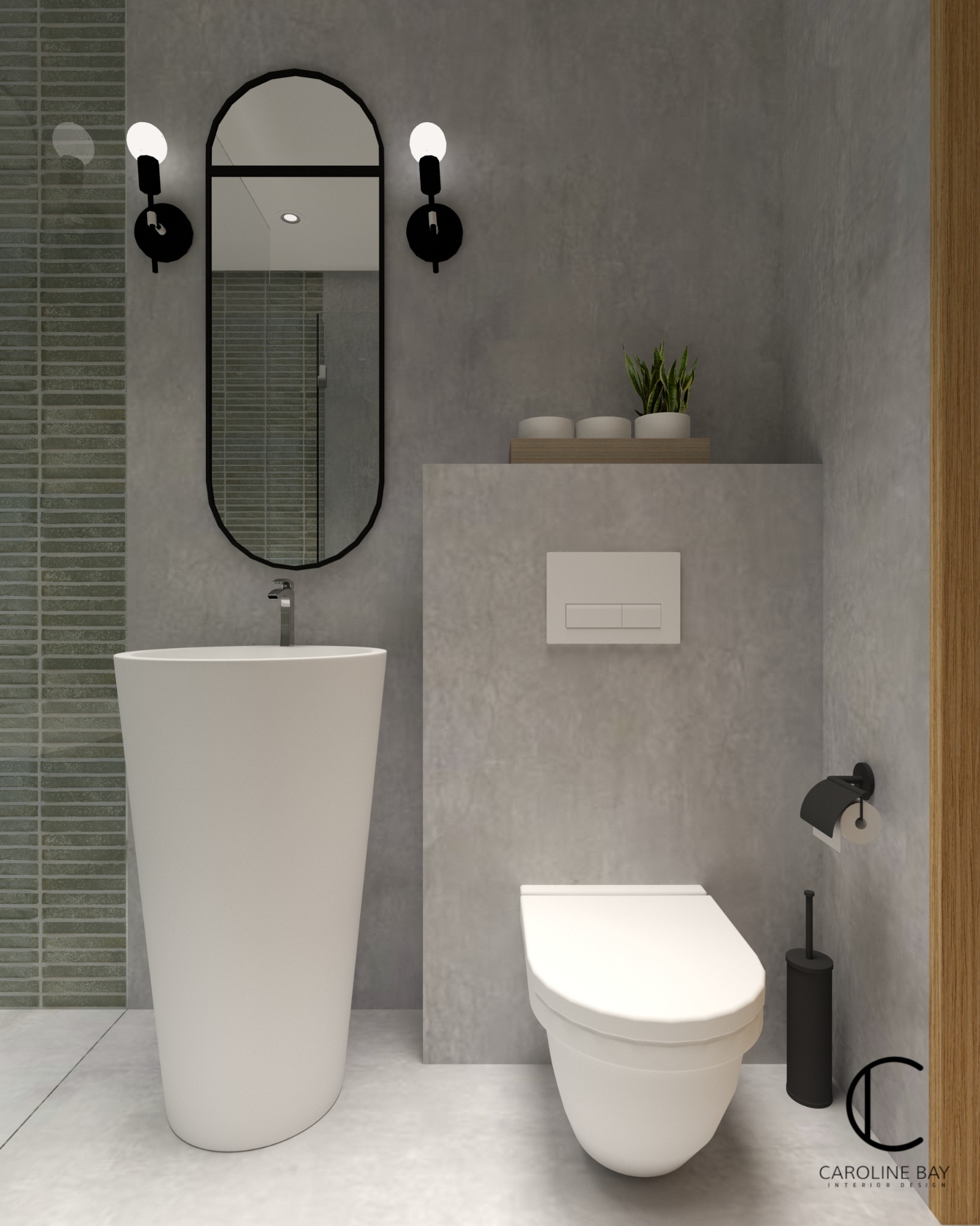 Wizualizacja nowoczesnej łazienki w Piotrków Trybunalski z umywalką na postumencie, podwieszaną toaletą i minimalistycznym oświetleniem, akcentująca surowy beton i płytki w odcieniach szarości.