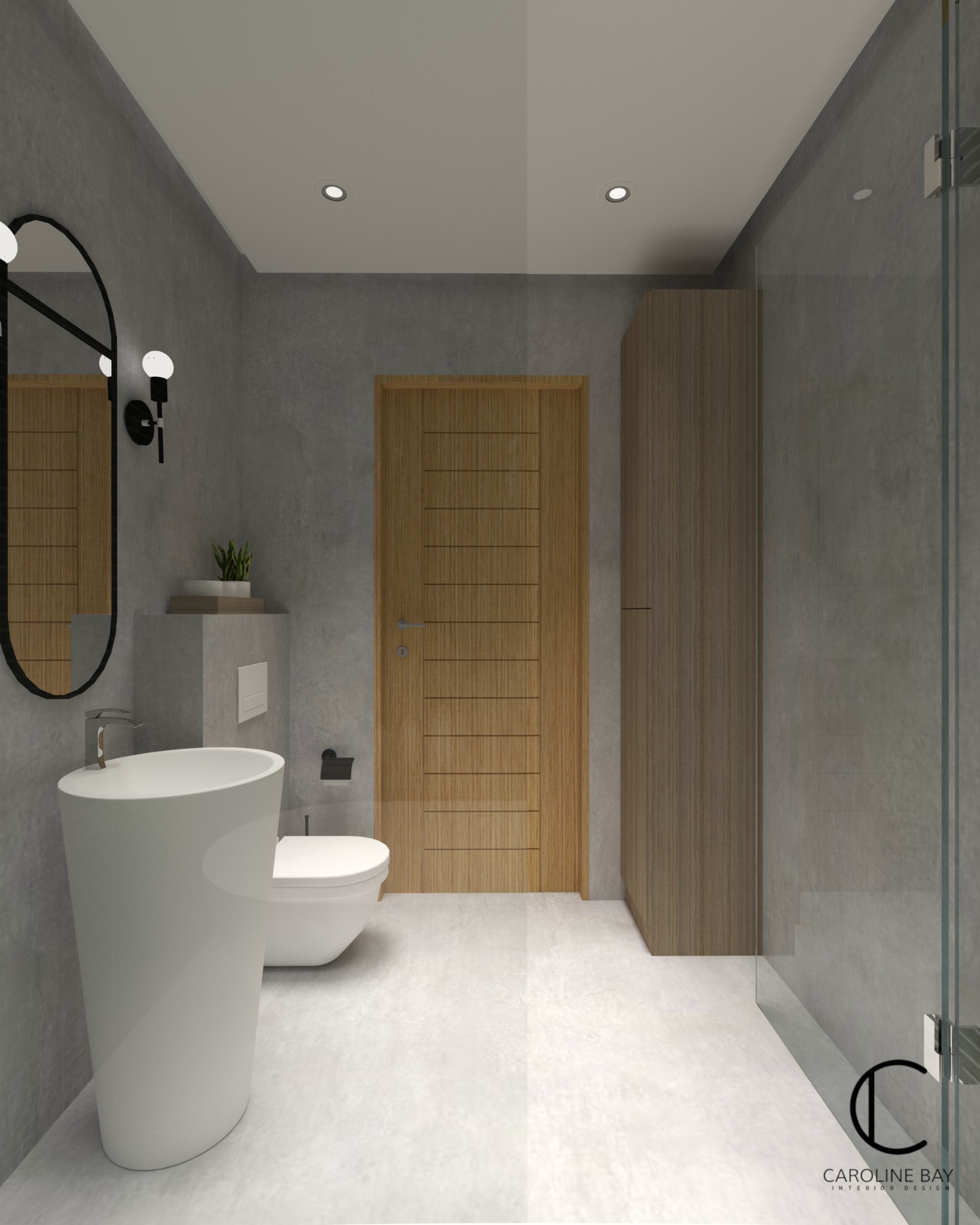 Wizualizacja łazienki z umywalką na postumencie, toaletą, drewnianą szafką i kabiną prysznicową, utrzymana w szarej kolorystyce z drewnianymi akcentami, oświetlona punktowymi lampami.