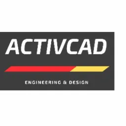 Logo firmy Activcad z napisem 'ENGINEERING & DESIGN' na ciemnoszarym tle z poziomą linią w kolorach czerwonym i żółtym.