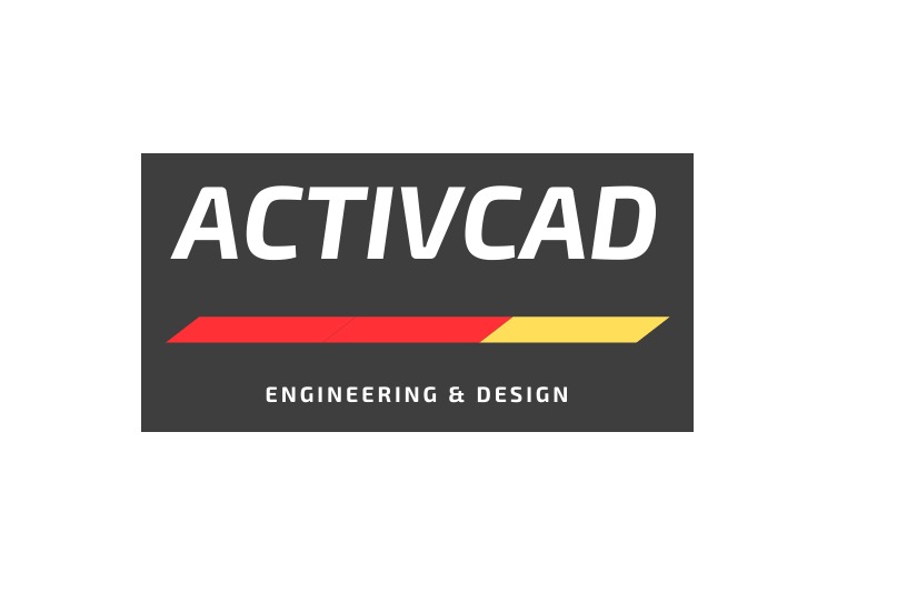 Logo firmy Activcad z napisem 'ENGINEERING & DESIGN' na ciemnoszarym tle z poziomą linią w kolorach czerwonym i żółtym.