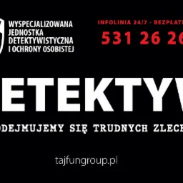 Czarno-białe logo firmy Tajfun Group, wyspecjalizowanej jednostki detektywistycznej i ochrony osobistej, z infolinią 24/7 i hasłem 'Podejmujemy się trudnych zleceń'.