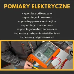 Grafika reklamowa firmy Voltoz oferującej pomiary elektryczne, z numerem telefonu i adresem e-mail, prezentująca pomiar odbiorczy, okresowy, po modernizacji, uziemienia, do ubezpieczenia, natężenia...