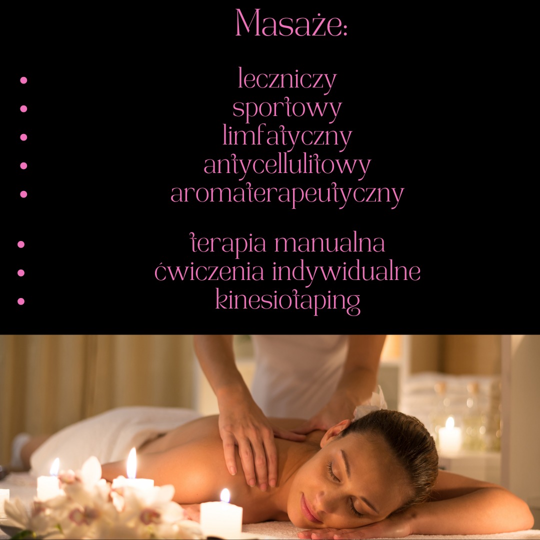 Kobieta leżąca na brzuchu podczas sesji relaksacyjnej, świece i kwiaty w tle, nadrukowane menu zabiegów