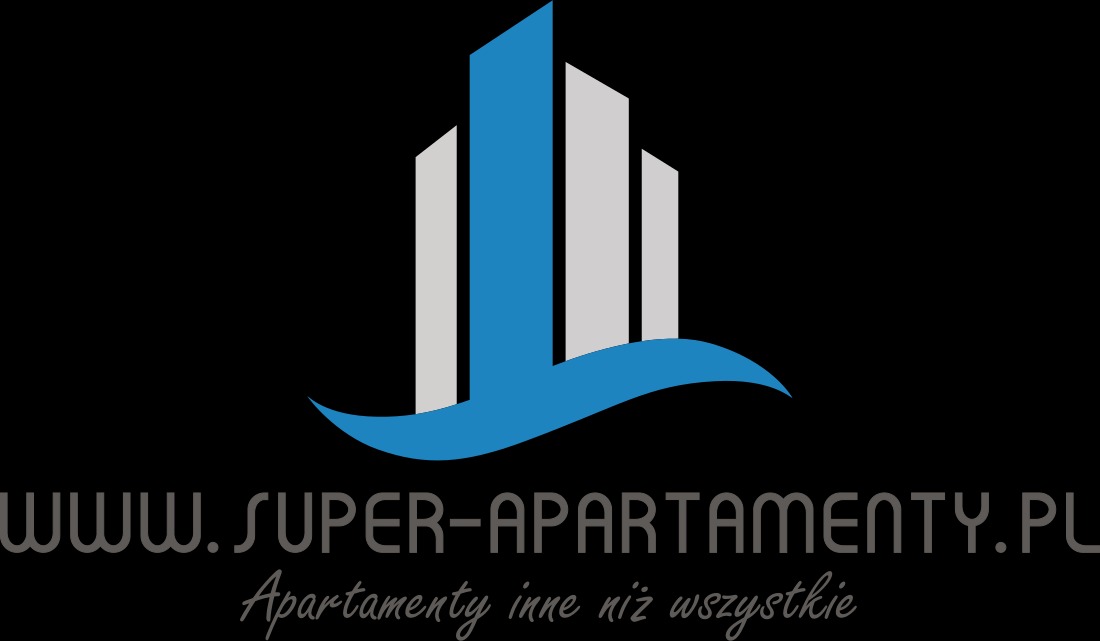 Logo firmy Super-Apartamenty.pl z trzema budynkami w kolorach niebieskim i szarym oraz adresem strony internetowej i hasłem 'Apartamenty inne niż wszystkie' na czarnym tle.