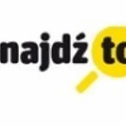 Czarno-żółte logo firmy 'znajdź to' z ikoną lupy na białym tle.
