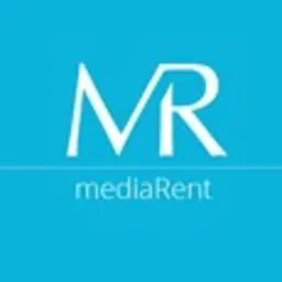 Białe logo firmy MediaRent na turkusowym tle. Logo składa się z liter MR połączonych w jedną całość i podkreślonych poziomą linią, pod którą znajduje się napis 'mediaRent'.