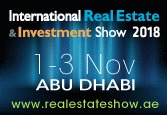 Grafika reklamowa International Real Estate & Investment Show 2018 w Abu Dhabi, daty 1-3 listopada, adres strony internetowej realestateshow.ae, niebieskie tło z gradientem i abstrakcyjnymi...