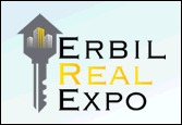 Grafika z napisem ERBIL REAL EXPO, z kluczem w kształcie domu, w którym widać budynki. Słowo REAL jest napisane na żółto.