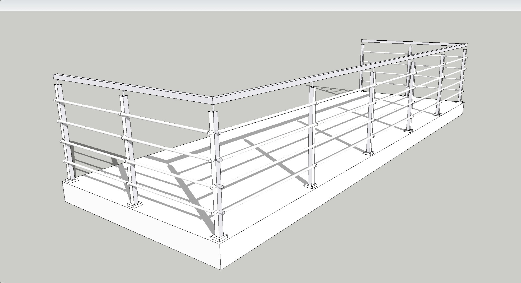 Wizualizacja 3D nowoczesnej balustrady z poziomych rurek i kwadratowych słupków, zamocowanej na betonowej podstawie.