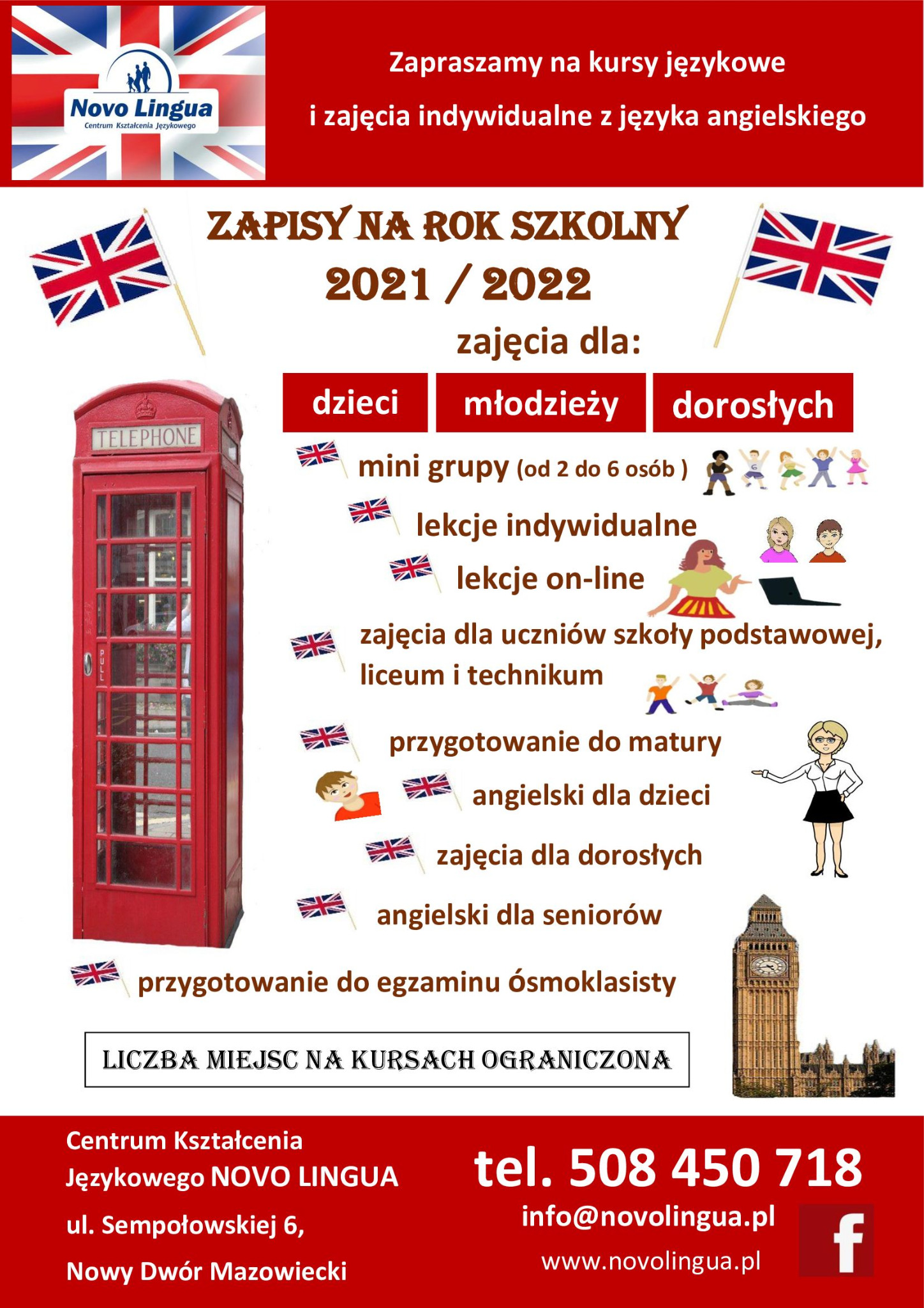 Ogłoszenie szkoły językowej Novo Lingua z motywami brytyjskimi: budka telefoniczna, flaga Union Jack, Big Ben. Oferta kursów dla dzieci, młodzieży i dorosłych, zajęcia indywidualne i online.