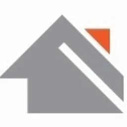 Szary piktogram domu z pomarańczowym detalem w prawym górnym rogu, stylizowane logo.