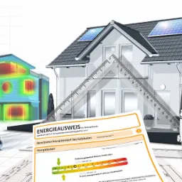 Wizualizacja świadectwa energetycznego budynku w Warszawie, z nałożonym planem architektonicznym, termogramem i narzędziami pomiarowymi.