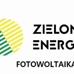 Logo firmy z okręgiem podzielonym na zielone i żółte paski oraz napisem 'ZIELONA ENERGIA FOTOWOLTAIKA' w czerni.