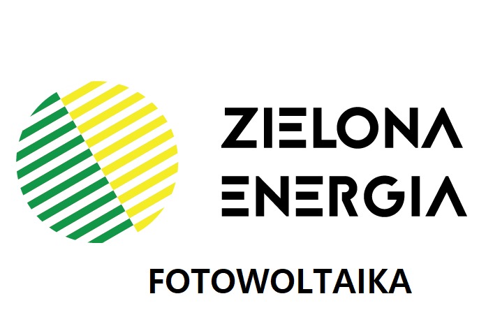 Logo firmy z okręgiem podzielonym na zielone i żółte paski oraz napisem 'ZIELONA ENERGIA FOTOWOLTAIKA' w czerni.