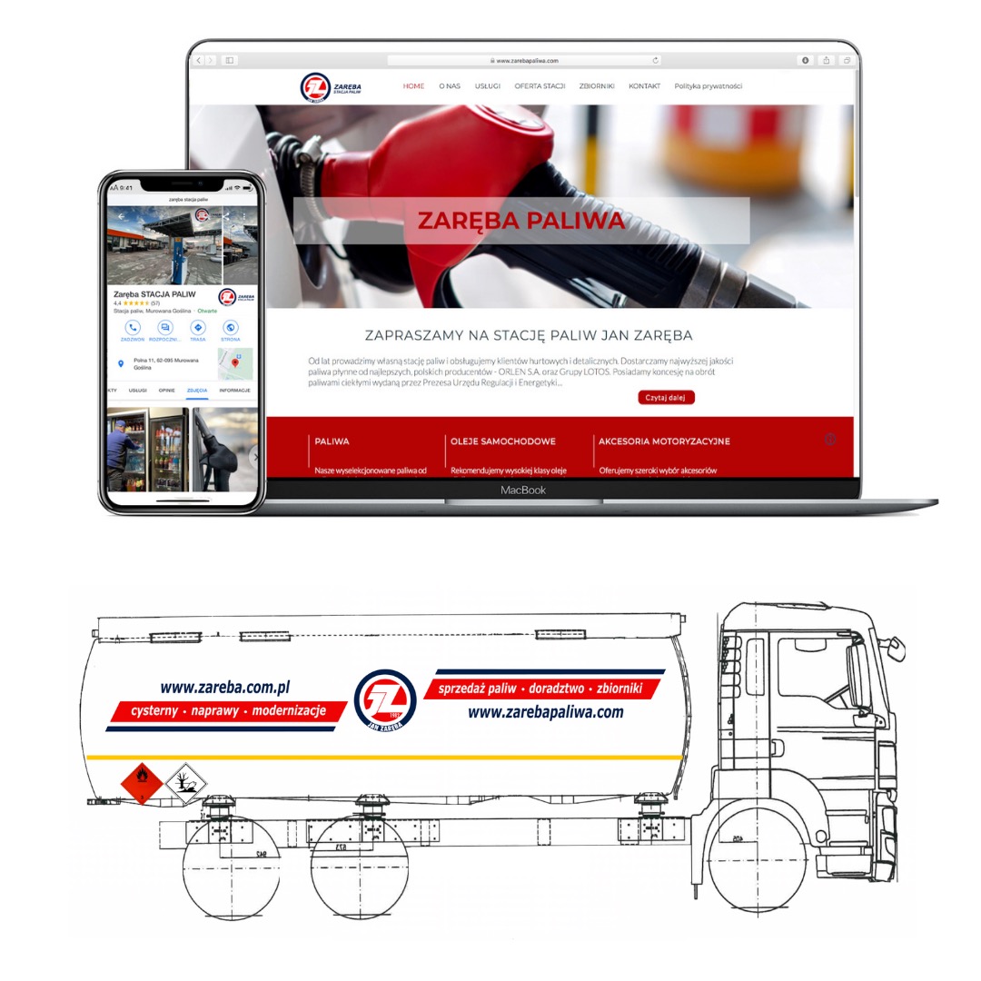 Ekran laptopa i smartfona prezentujące stronę internetową oraz wizytówkę Google stacji paliw Zaręba, poniżej schemat cysterny z logo firmy.