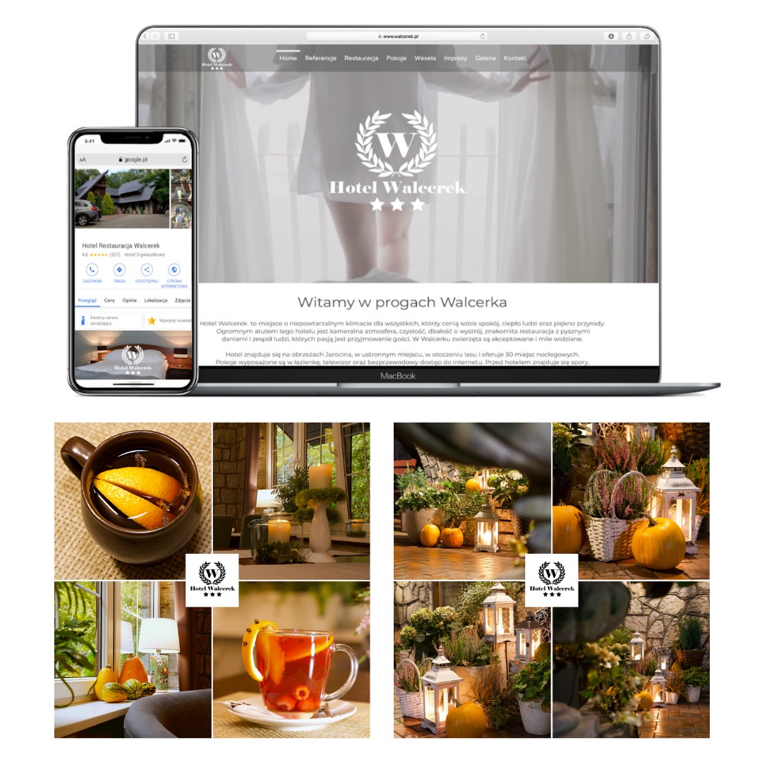 Ekran laptopa i smartfona prezentujące stronę internetową i wizytówkę Google hotelu Walcerek w Jarocinie, obok zdjęcia detali wystroju i napojów.