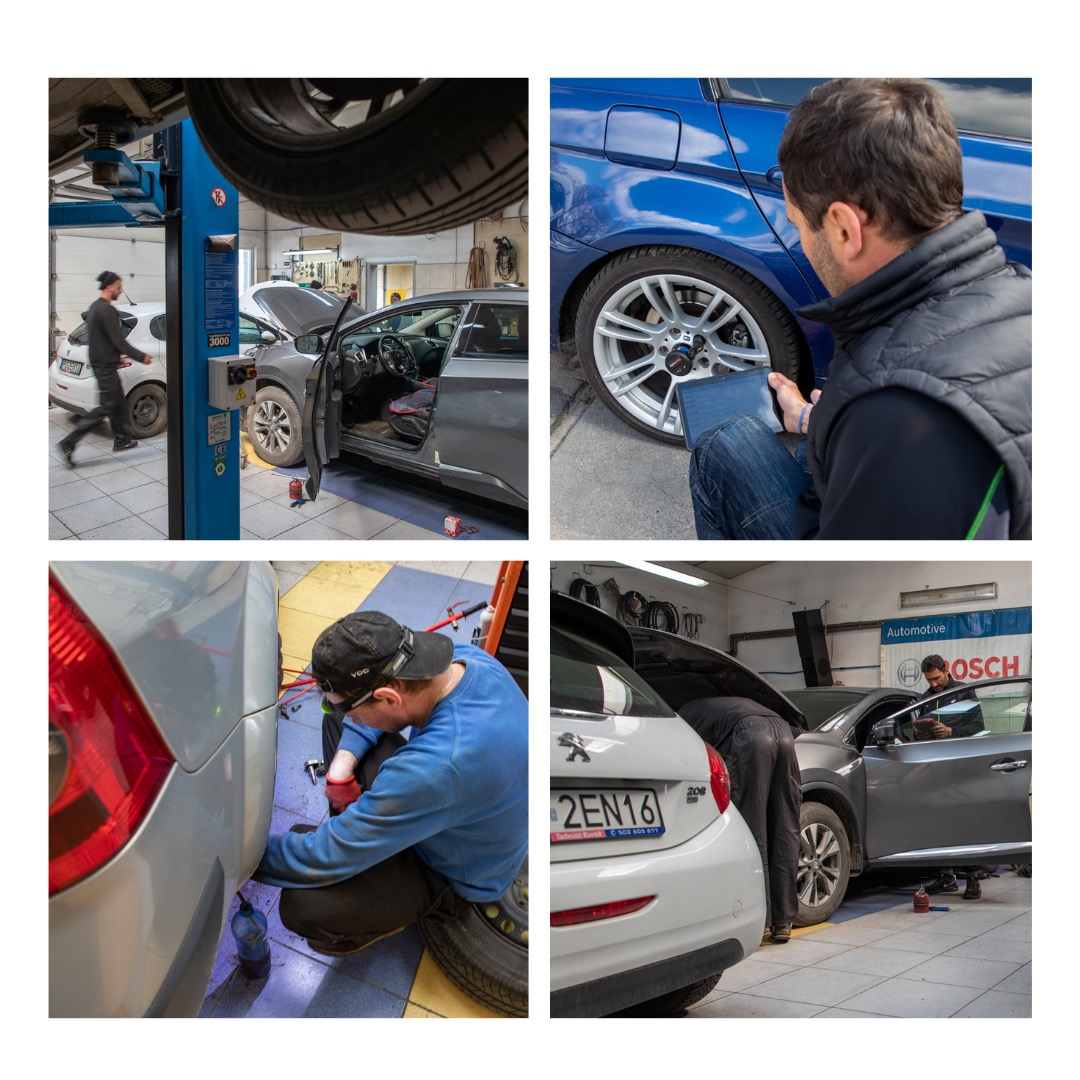 Kolaż zdjęć z warsztatu samochodowego: diagnostyka komputerowa, regulacja zawieszenia, wymiana oleju, naprawa silnika przy otwartej masce i widocznym logo Bosch.