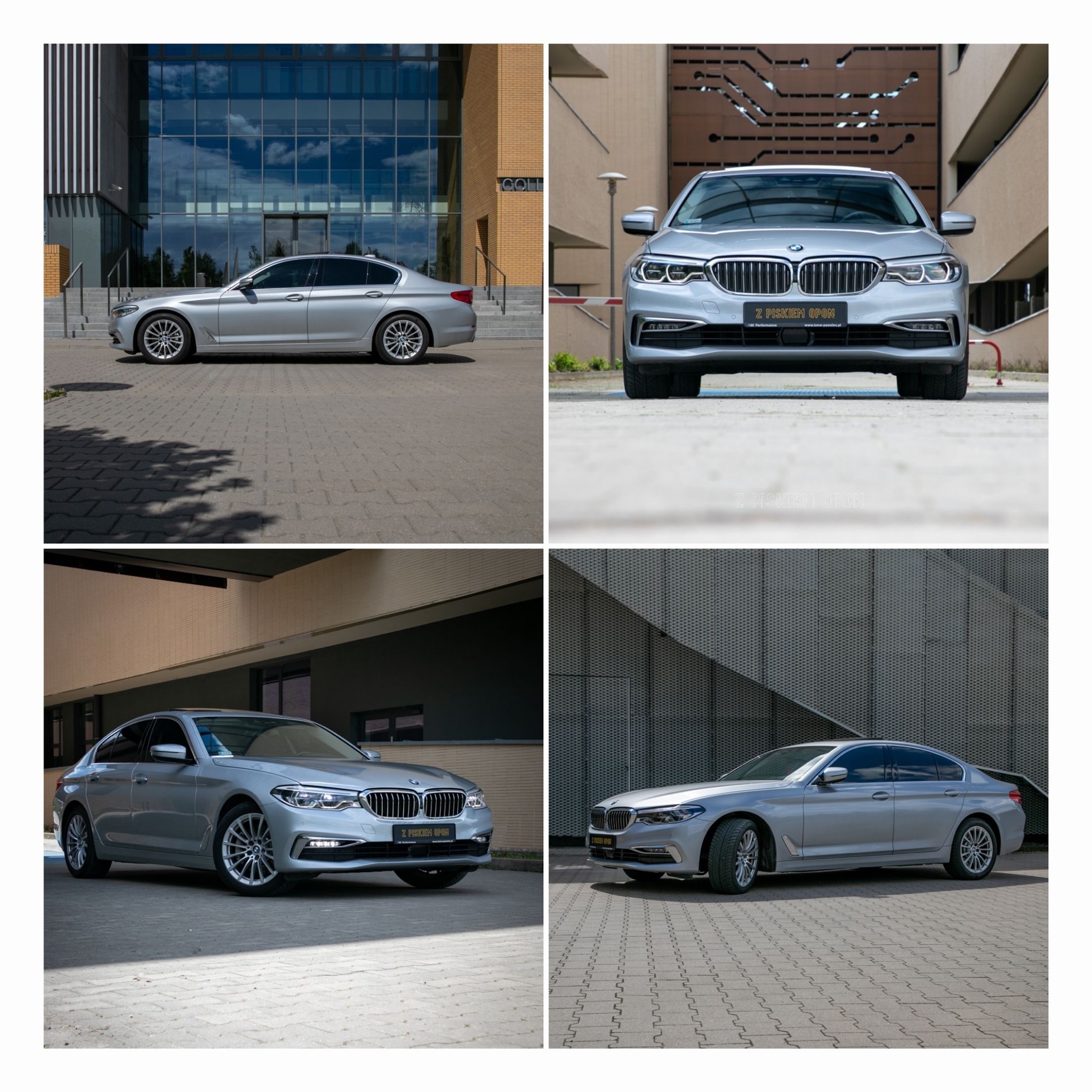 Cztery ujęcia srebrnego BMW serii 5 na tle nowoczesnych budynków z elementami szkła i metalu, prezentujące detale karoserii i felg.