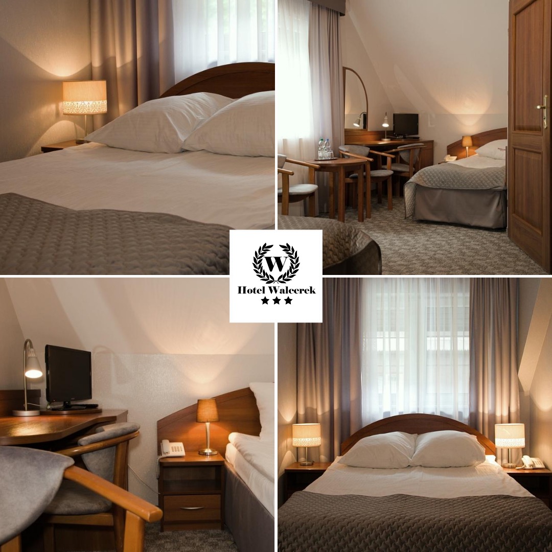 Kolaż czterech ujęć pokoju hotelowego: łóżko z pościelą w odcieniach bieli i szarości, biurko z krzesłem i telewizorem, oraz logo hotelu z trzema gwiazdkami.