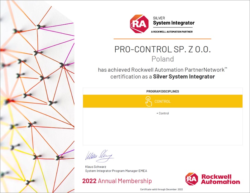 Certyfikat Rockwell Automation dla Pro-Control Sp. z o.o. jako Silver System Integrator, ważny do grudnia 2022, z abstrakcyjnym tłem z kolorowych linii i pinezek.
