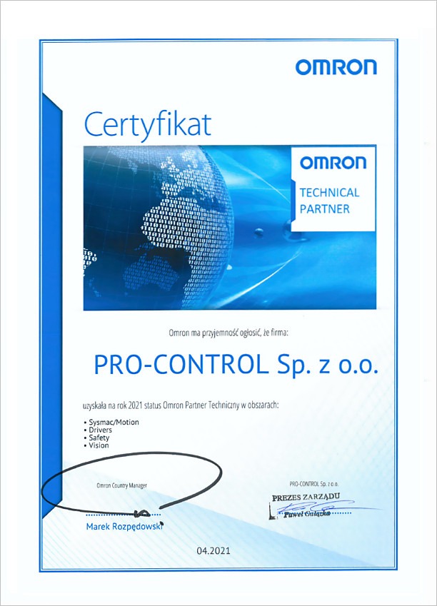Skan certyfikatu firmy PRO-CONTROL Sp. z o.o. jako Partnera Technicznego Omron, z logo Omron i podpisami Marka Rozpędowskiego i Pawła Gałązki.
