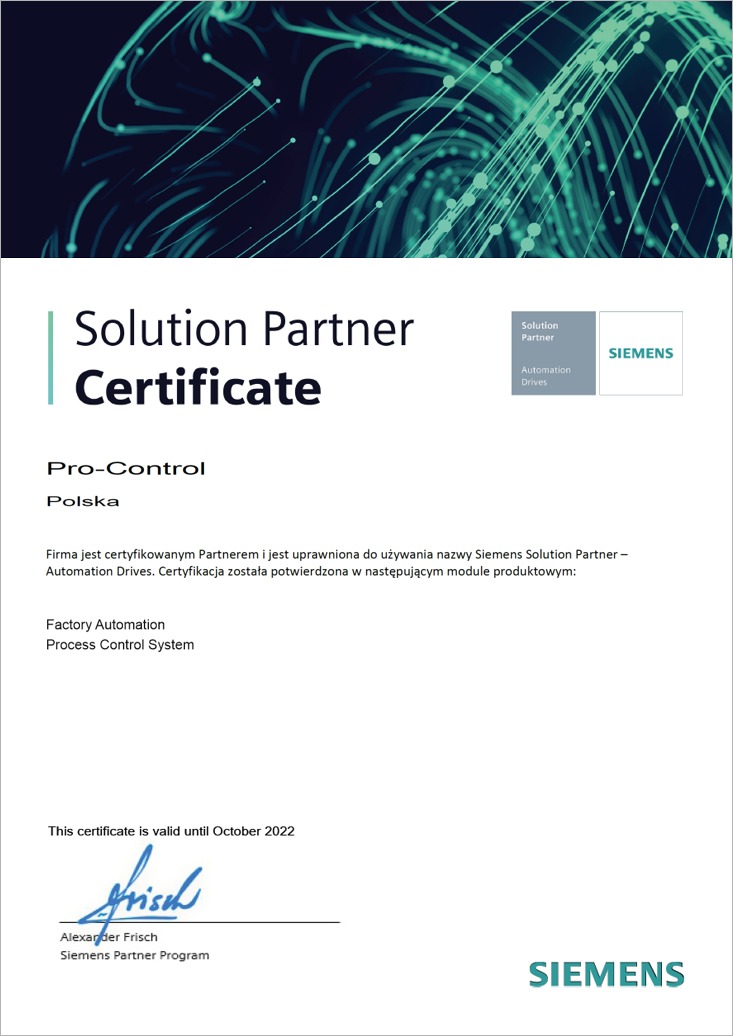 Certyfikat Solution Partner firmy Pro-Control Polska, uprawniający do używania nazwy Siemens Solution Partner - Automation Drives, ważny do października 2022.