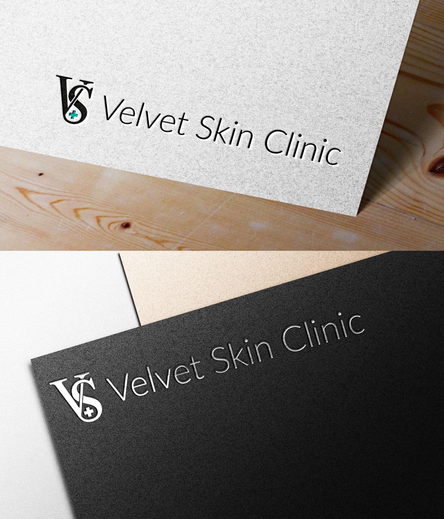 Dwa warianty logo 'VS Velvet Skin Clinic' na teksturowanym papierze: jeden na białym papierze na drewnianym tle, drugi na czarnym papierze.