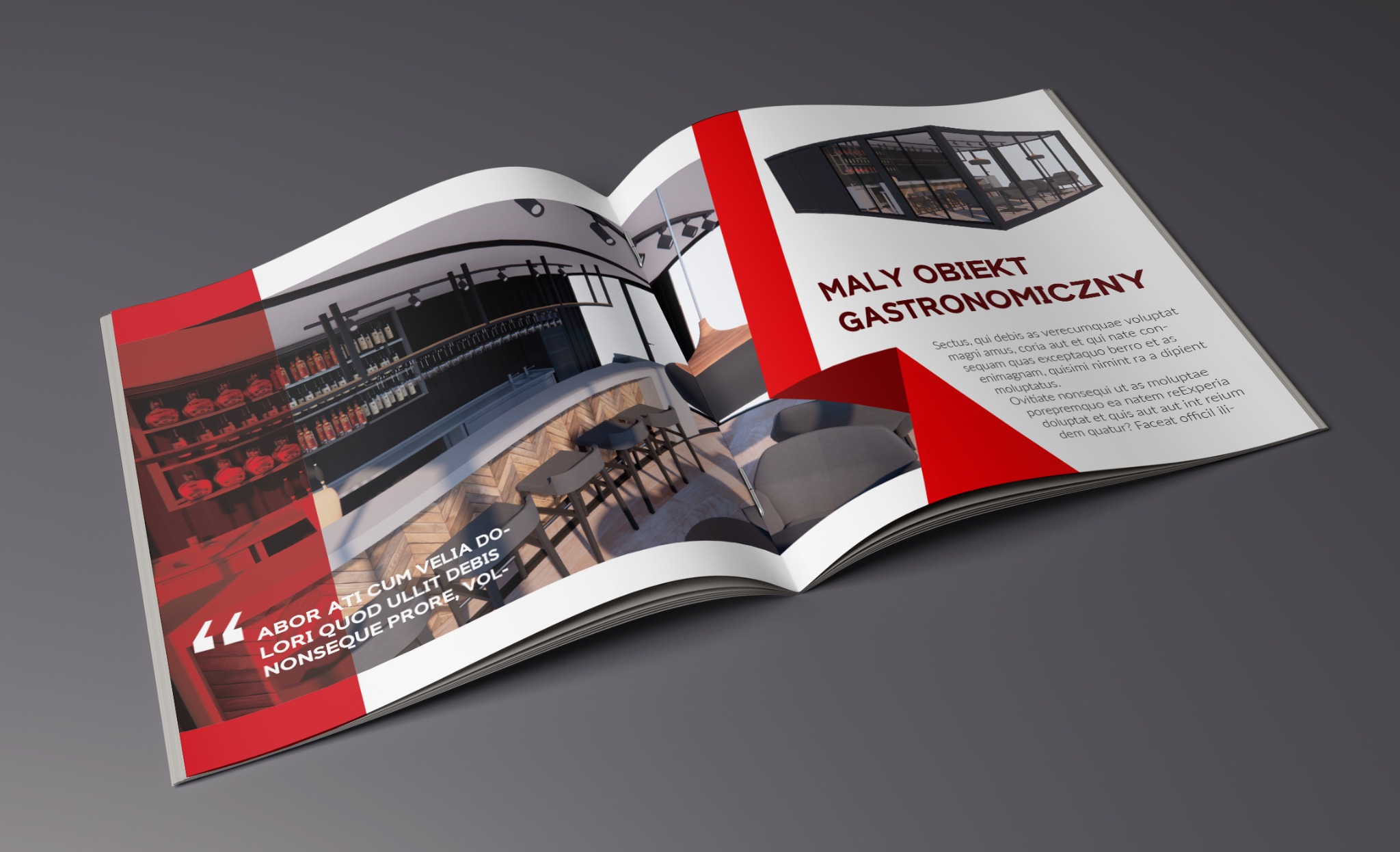 Otwarta broszura reklamowa prezentująca projekt wnętrza małego obiektu gastronomicznego z barem i półkami pełnymi butelek, utrzymana w stylistyce minimalistycznej z elementami czerwieni.