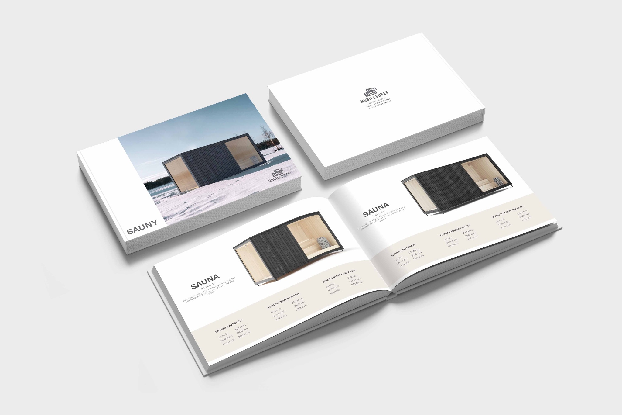 Katalog produktowy z wizualizacją modułowych saun w minimalistycznym stylu, prezentowany na białym tle.