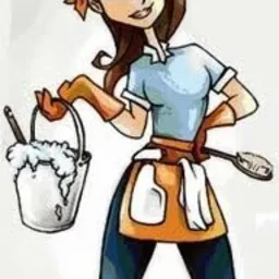 Karykatura kobiety w stroju sprzątaczki z wiadrem wypełnionym pianą i ściereczką, prezentująca usługi w Głogowie.