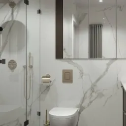 Nowoczesna łazienka z kabiną prysznicową ze złotymi elementami, toaletą wiszącą i czarno-białą podłogą w kratkę, wykończona marmurowymi płytami.